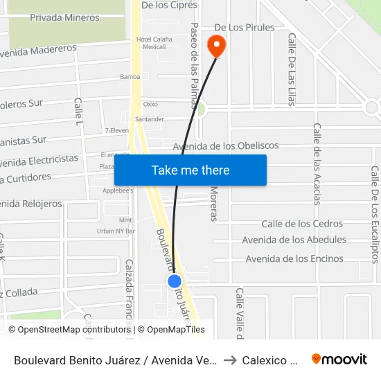 Boulevard Benito Juárez / Avenida Venustiano Carranza to Calexico Mexicali map