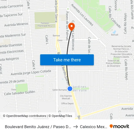 Boulevard Benito Juárez / Paseo Del Valle to Calexico Mexicali map