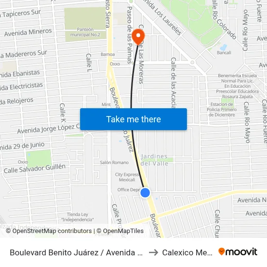 Boulevard Benito Juárez / Avenida Jardín Sur to Calexico Mexicali map