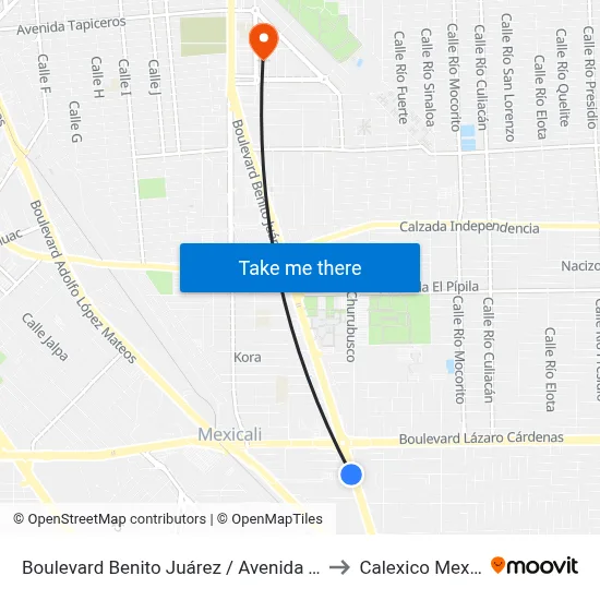 Boulevard Benito Juárez / Avenida Torreón to Calexico Mexicali map