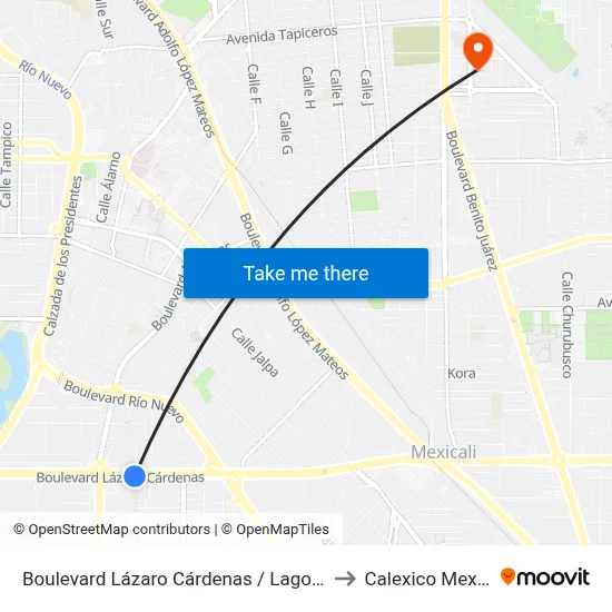 Boulevard Lázaro Cárdenas / Lago Poopó to Calexico Mexicali map
