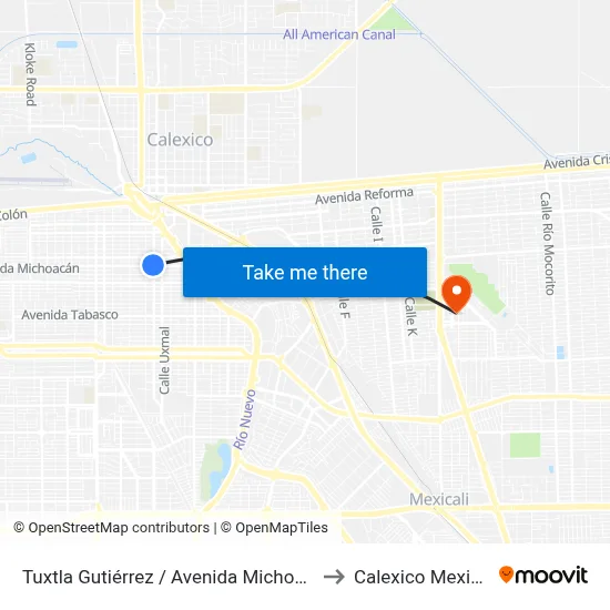 Tuxtla Gutiérrez / Avenida Michoacán to Calexico Mexicali map