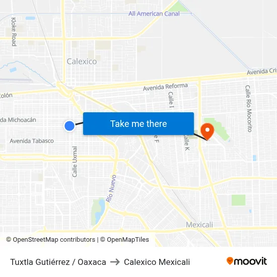 Tuxtla Gutiérrez / Oaxaca to Calexico Mexicali map