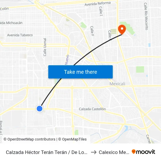 Calzada Héctor Terán Terán / De Los Capitanes to Calexico Mexicali map