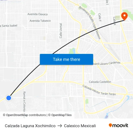 Calzada Laguna Xochimilco to Calexico Mexicali map