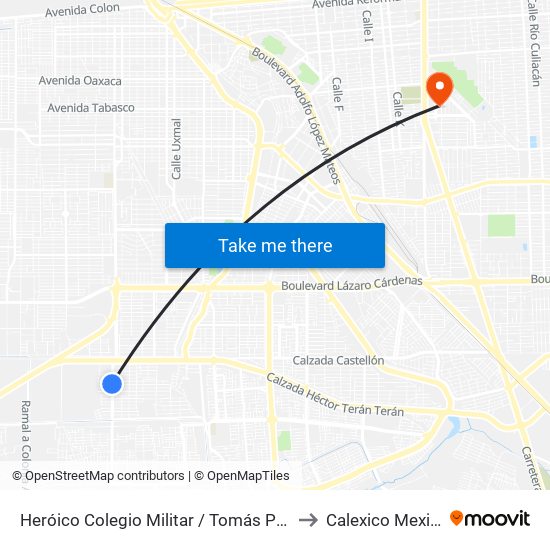 Heróico Colegio Militar / Tomás Pantoja to Calexico Mexicali map