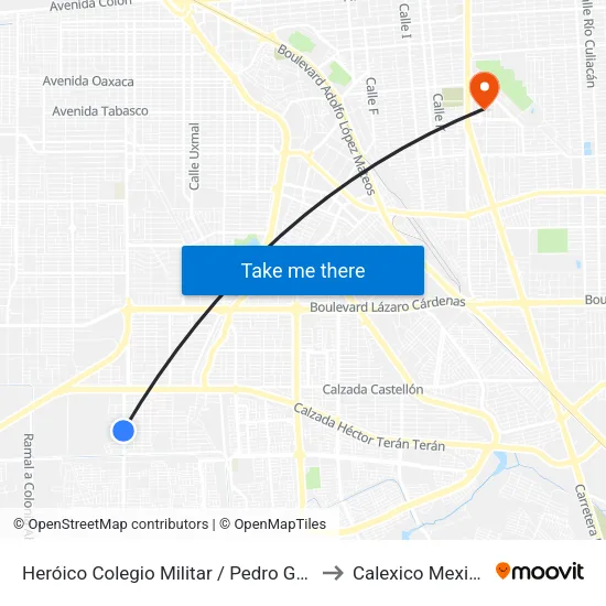 Heróico Colegio Militar / Pedro García to Calexico Mexicali map