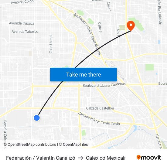 Federación / Valentín Canalizó to Calexico Mexicali map