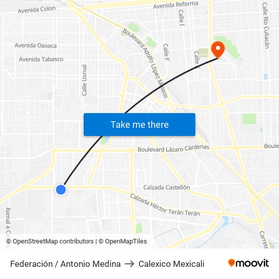 Federación / Antonio Medina to Calexico Mexicali map