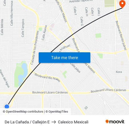 De La Cañada / Callejón E to Calexico Mexicali map