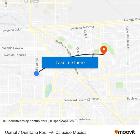 Uxmal / Quintana Roo to Calexico Mexicali map