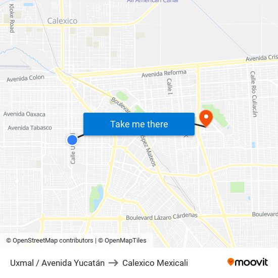 Uxmal / Avenida Yucatán to Calexico Mexicali map