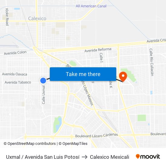 Uxmal / Avenida San Luis Potosí to Calexico Mexicali map