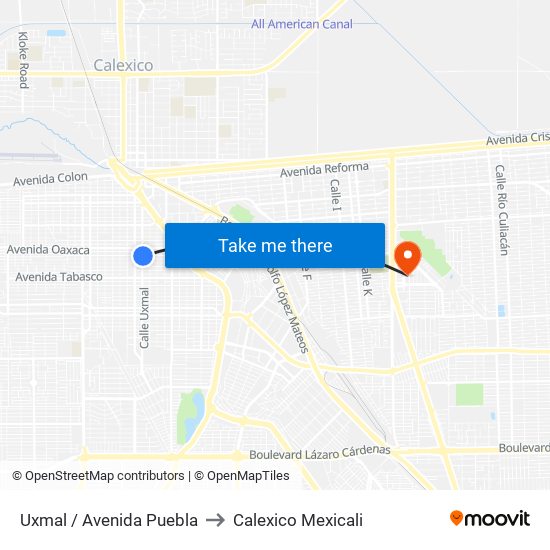 Uxmal / Avenida Puebla to Calexico Mexicali map