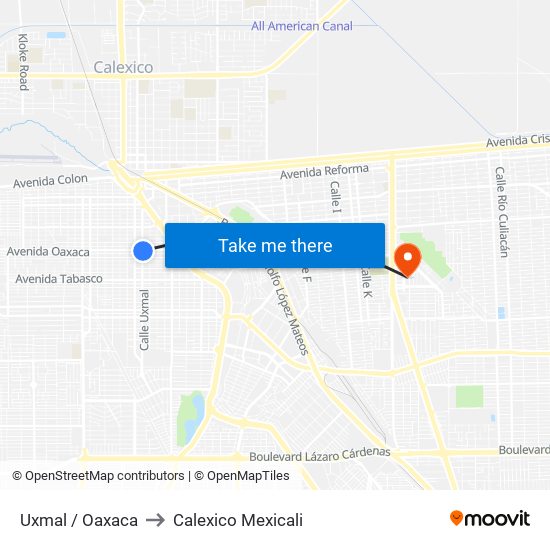 Uxmal / Oaxaca to Calexico Mexicali map