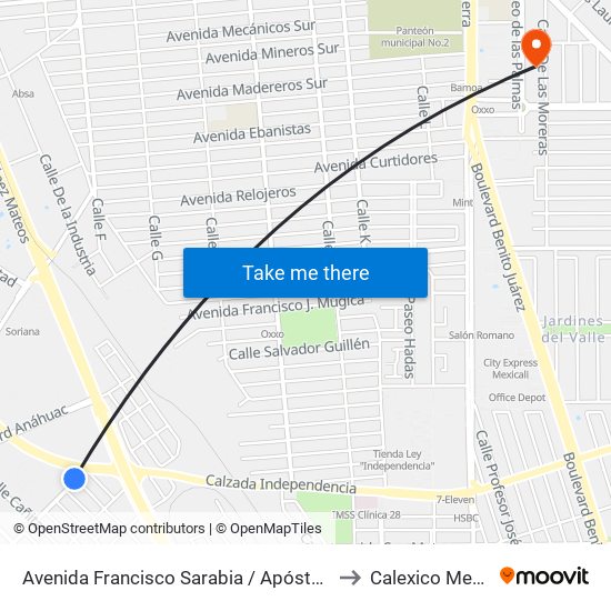 Avenida Francisco Sarabia / Apóstol Central to Calexico Mexicali map