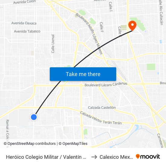 Heróico Colegio Militar / Valentín Canalizó to Calexico Mexicali map