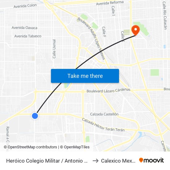 Heróico Colegio Militar / Antonio Medina to Calexico Mexicali map