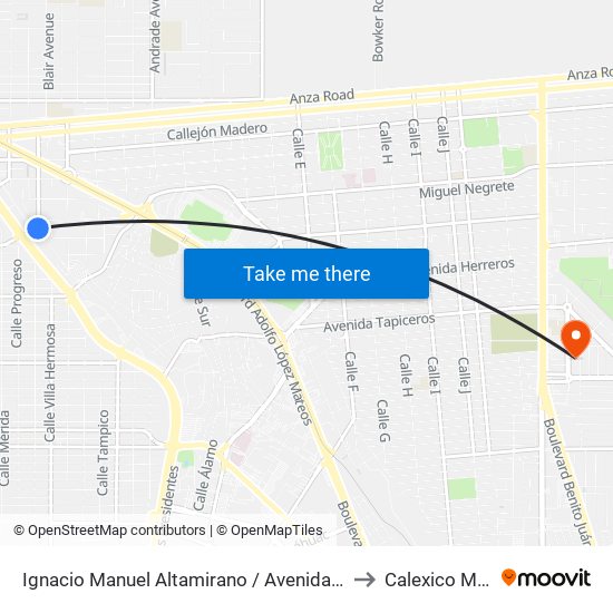 Ignacio Manuel Altamirano / Avenida Pedro Moreno to Calexico Mexicali map