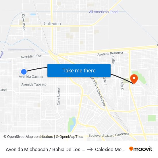 Avenida Michoacán / Bahía De Los Ángeles to Calexico Mexicali map