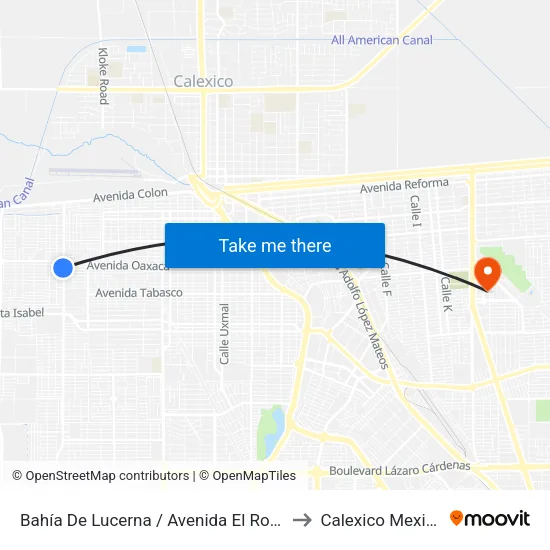 Bahía De Lucerna / Avenida El Rosario to Calexico Mexicali map