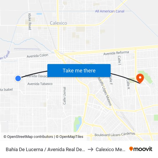 Bahía De Lucerna / Avenida Real Del Castillo to Calexico Mexicali map