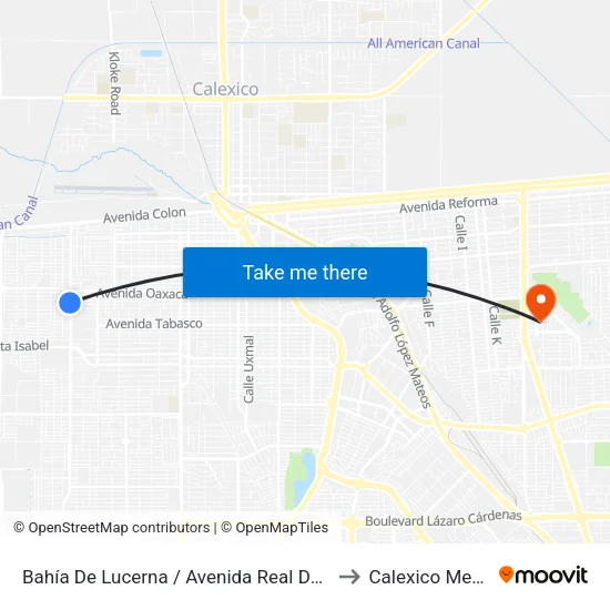 Bahía De Lucerna / Avenida Real Del Castillo to Calexico Mexicali map