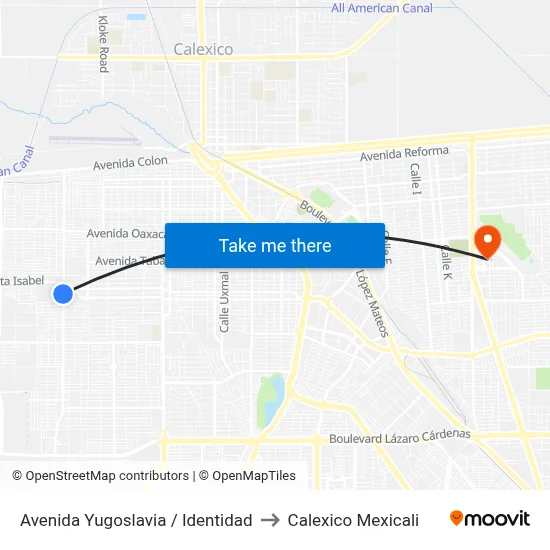 Avenida Yugoslavia / Identidad to Calexico Mexicali map