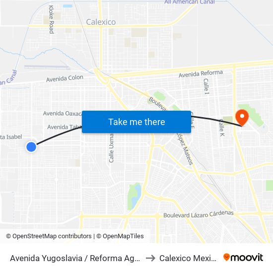 Avenida Yugoslavia / Reforma Agraria to Calexico Mexicali map