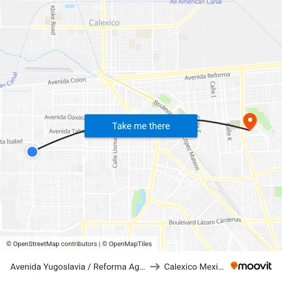 Avenida Yugoslavia / Reforma Agraria to Calexico Mexicali map