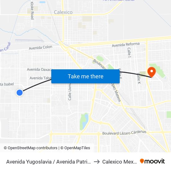 Avenida Yugoslavia / Avenida Patriotismo to Calexico Mexicali map