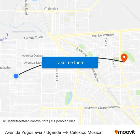 Avenida Yugoslavia / Uganda to Calexico Mexicali map