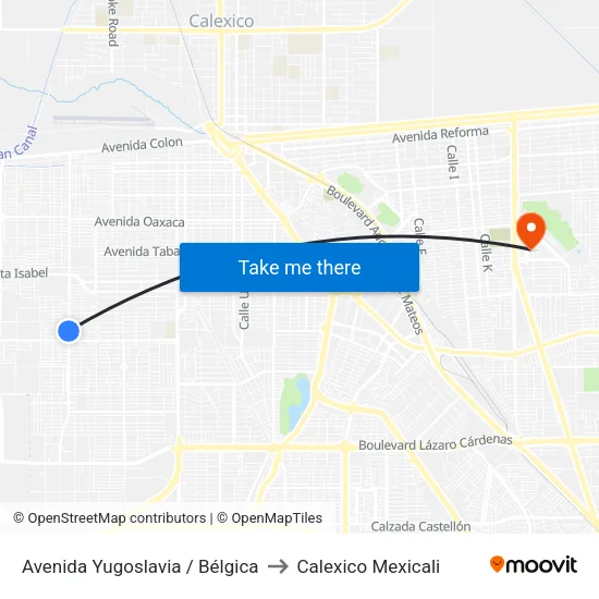 Avenida Yugoslavia / Bélgica to Calexico Mexicali map