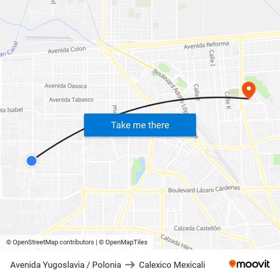 Avenida Yugoslavia / Polonia to Calexico Mexicali map