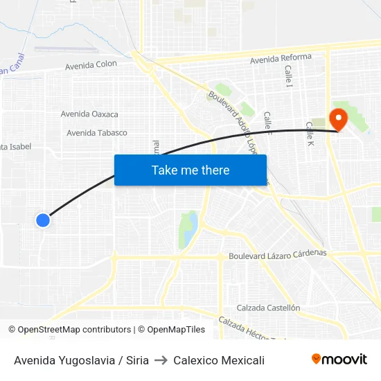 Avenida Yugoslavia / Siria to Calexico Mexicali map