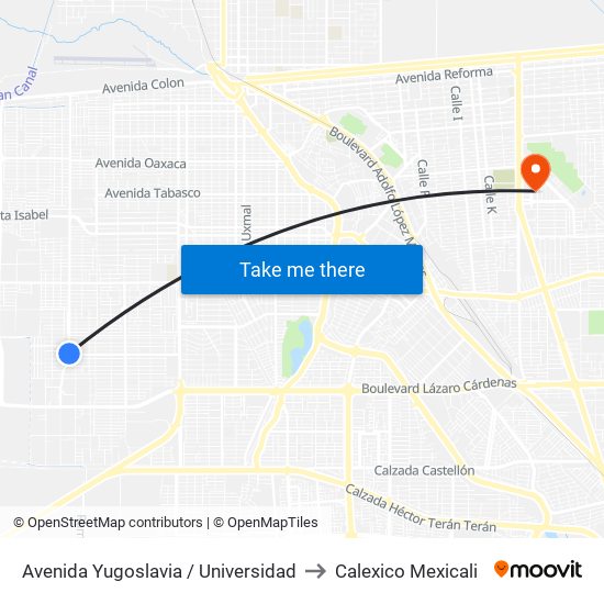 Avenida Yugoslavia / Universidad to Calexico Mexicali map