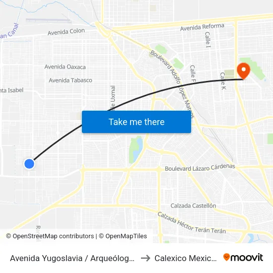 Avenida Yugoslavia / Arqueólogos to Calexico Mexicali map
