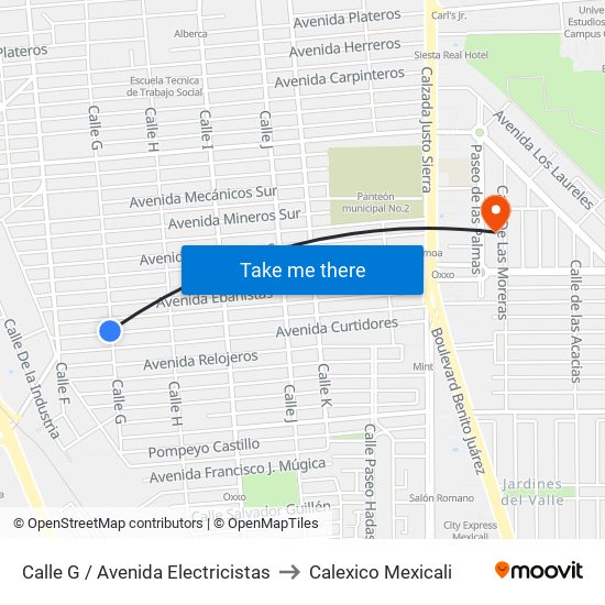 Calle G / Avenida Electricistas to Calexico Mexicali map