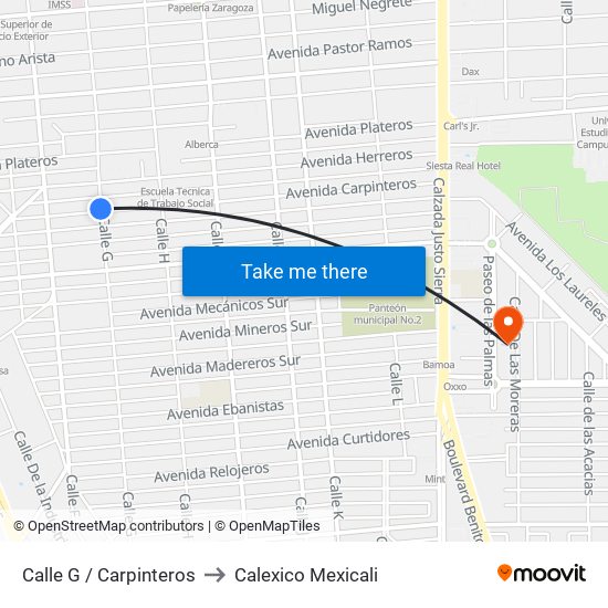 Calle G / Carpinteros to Calexico Mexicali map