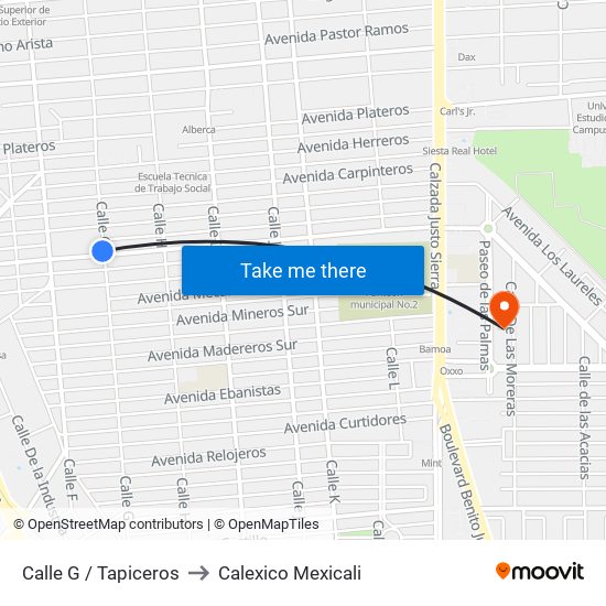 Calle G / Tapiceros to Calexico Mexicali map