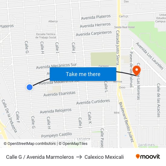 Calle G / Avenida Marmoleros to Calexico Mexicali map