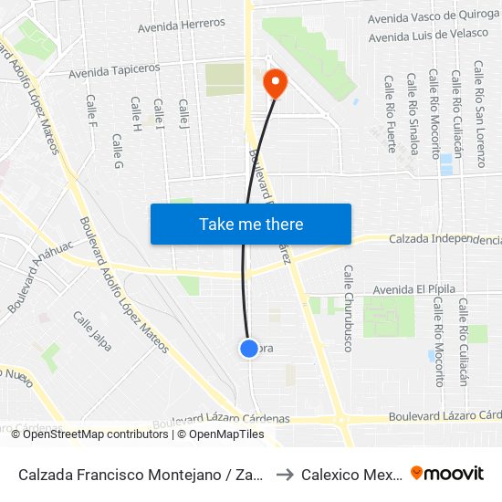 Calzada Francisco Montejano / Zacatepec to Calexico Mexicali map