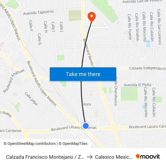 Calzada Francisco Montejano / Zita to Calexico Mexicali map