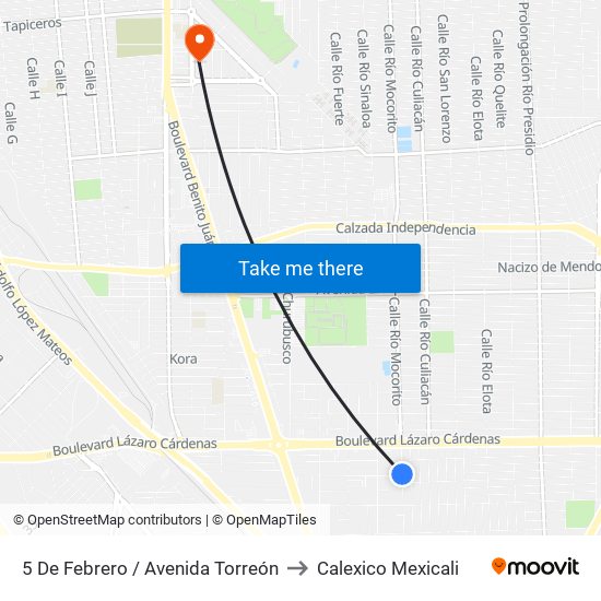 5 De Febrero / Avenida Torreón to Calexico Mexicali map