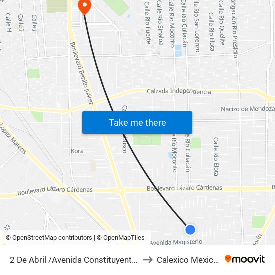 2 De Abril /Avenida Constituyentes to Calexico Mexicali map