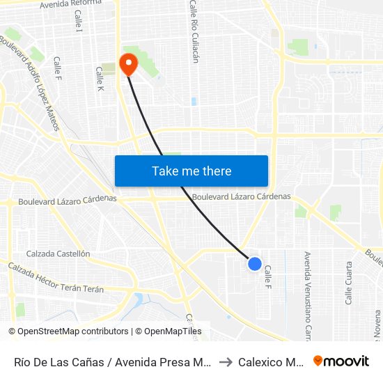 Río De Las Cañas / Avenida Presa Miguel Hidalgo to Calexico Mexicali map