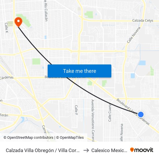 Calzada Villa Obregón / Villa Cortés to Calexico Mexicali map