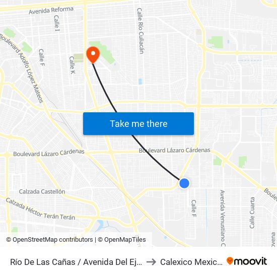 Río De Las Cañas / Avenida Del Ejido to Calexico Mexicali map
