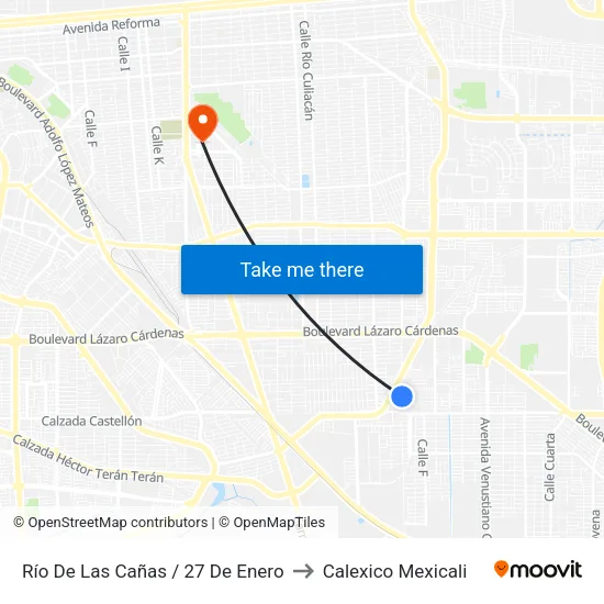 Río De Las Cañas / 27 De Enero to Calexico Mexicali map