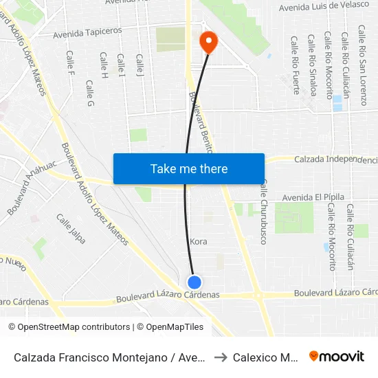 Calzada Francisco Montejano / Avenida Victoria to Calexico Mexicali map